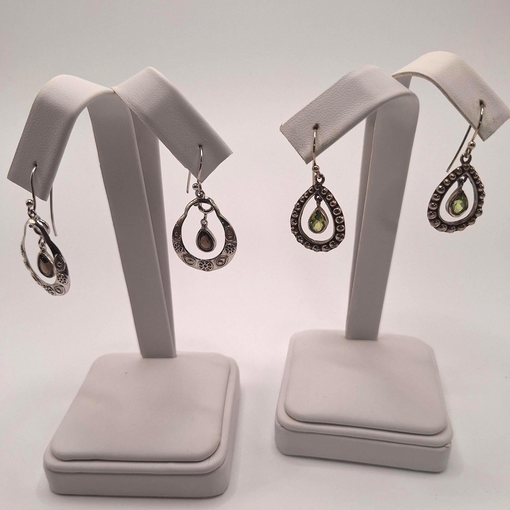 Peridot smokey quartz drop dangle earrings in sterling silver set of 2